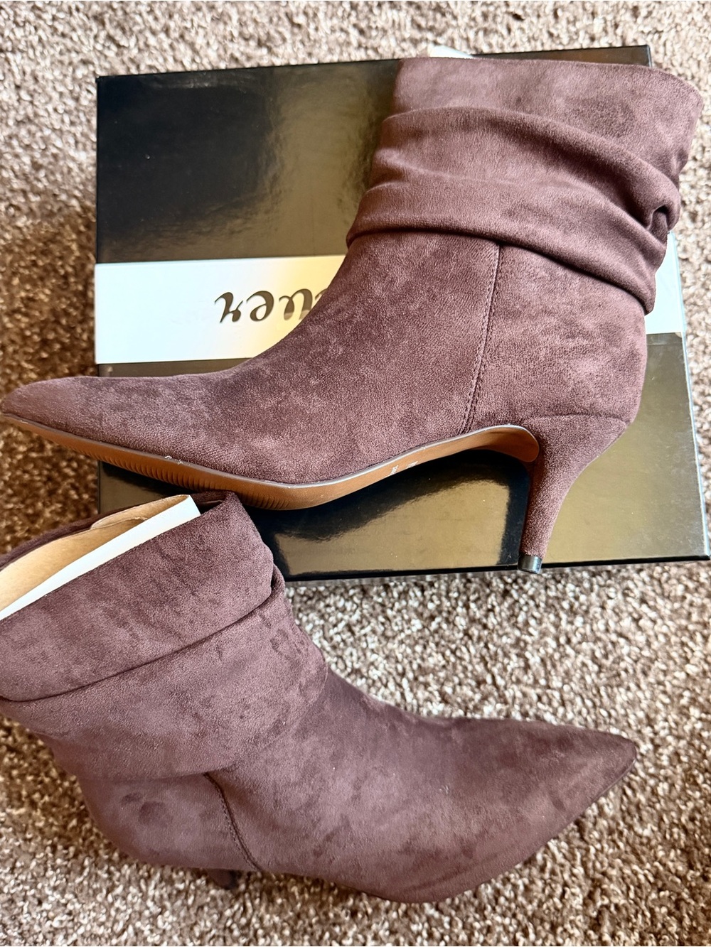 Fever Plum Suede Pointed-Toe Slouch Ankle Boots with Kitten Heel